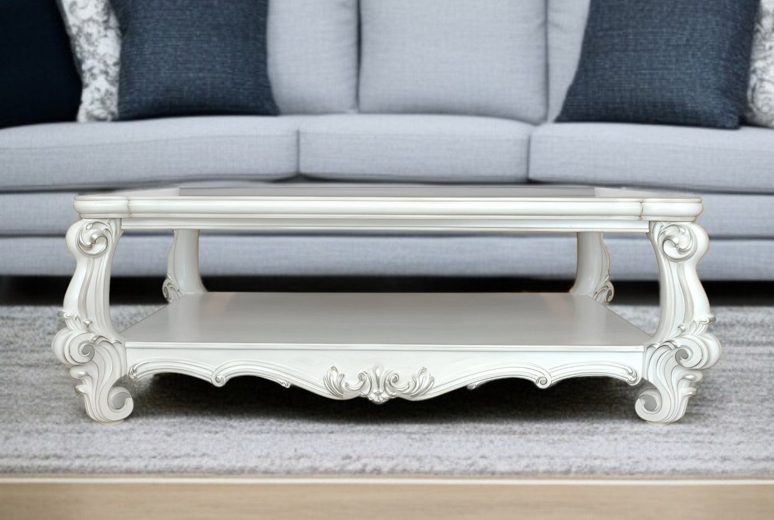 57'' White Wood Ornate Coffee Table With Shelf