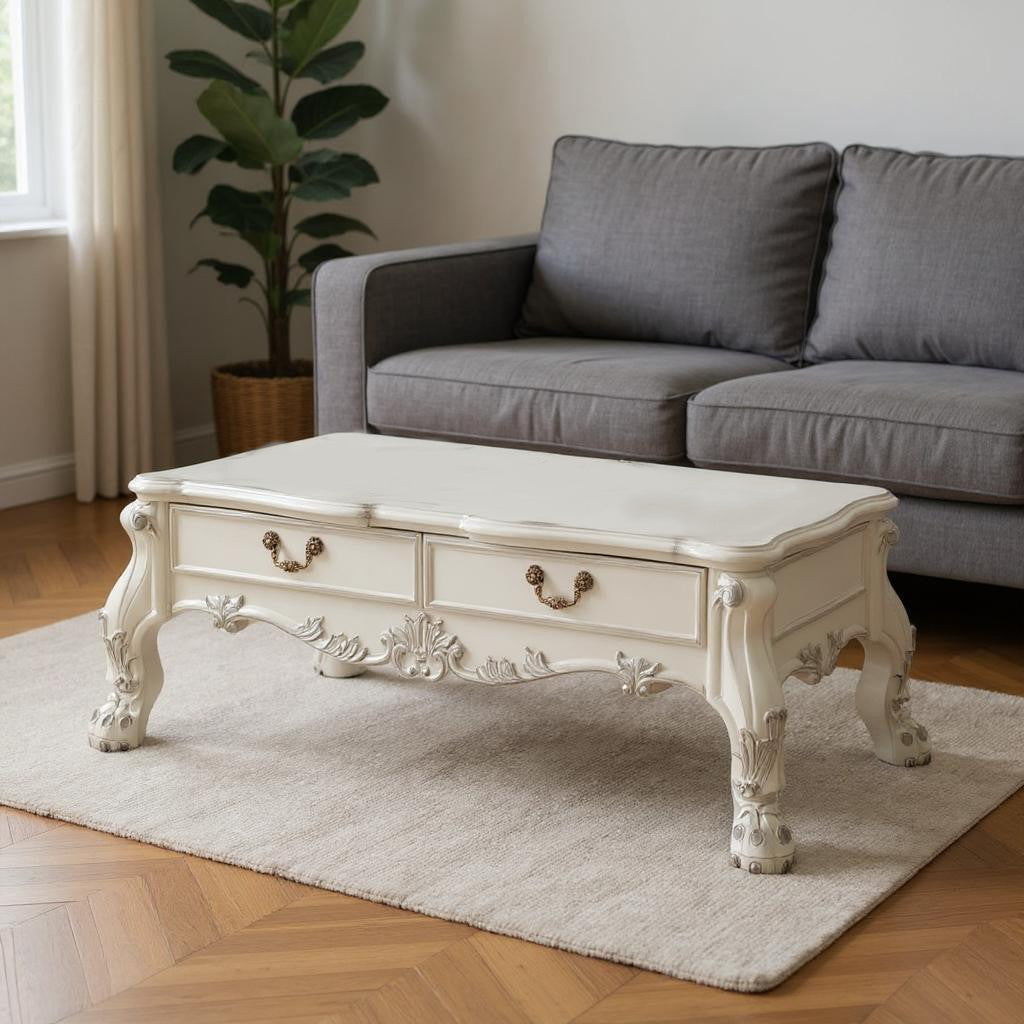 57 Bone Wood Coffee Table With Two Drawers