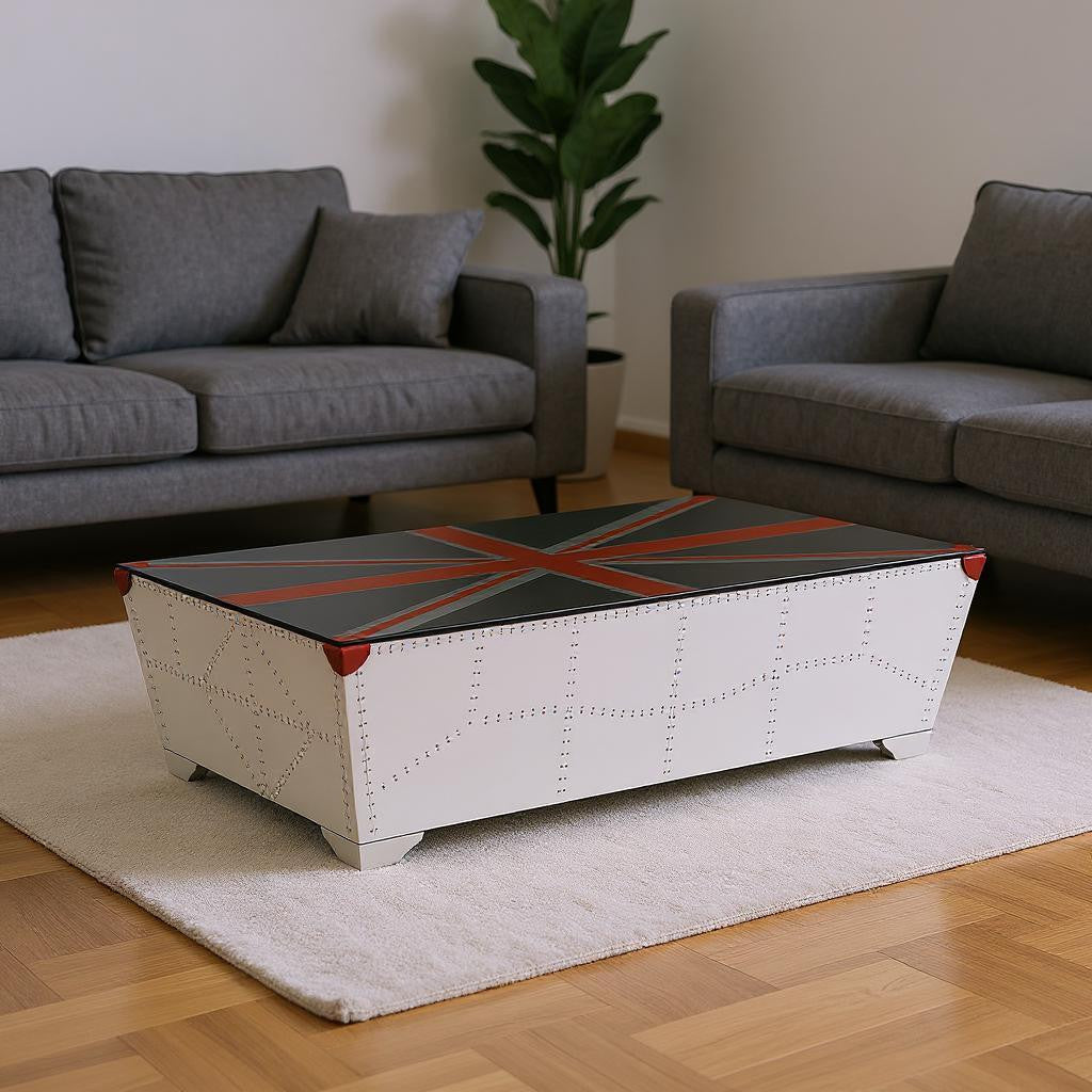 64 Silver Navy Blue And Red Union Jack Aviator Coffee Table