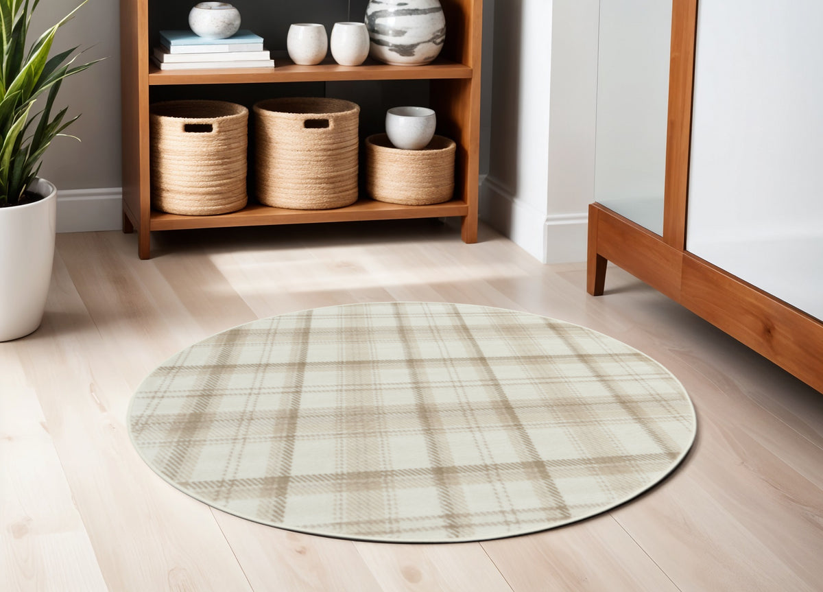 4' Ivory Plaid Power Loom Round Rug