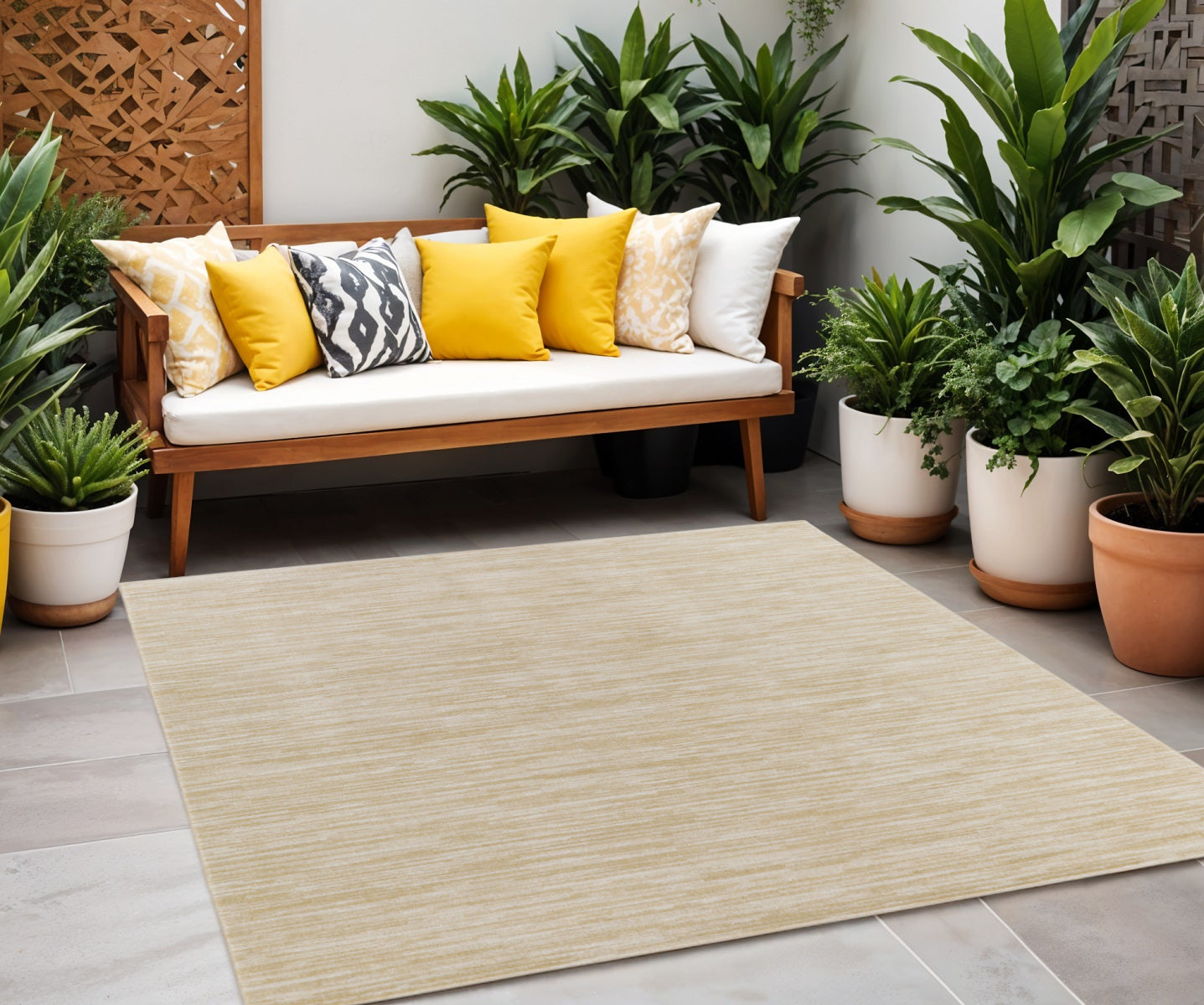 5 Ivory And Gold Square Abstract Indoor Outdoor Area Rug
