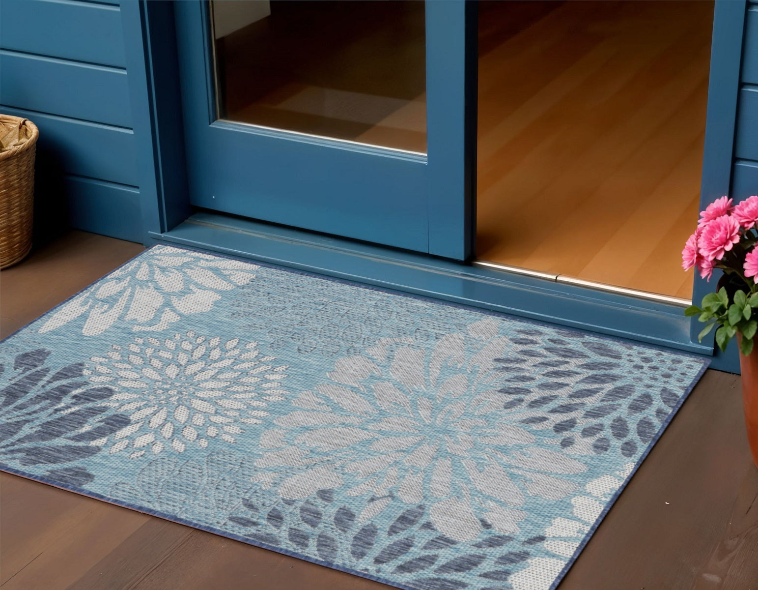 3 X 5 Navy Blue And Gray Floral Indoor Outdoor Area Rug