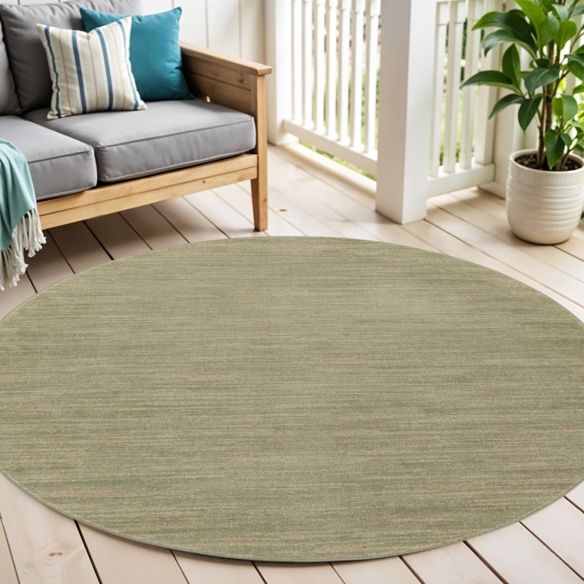 6 Green And Beige Round Abstract Indoor Outdoor Area Rug