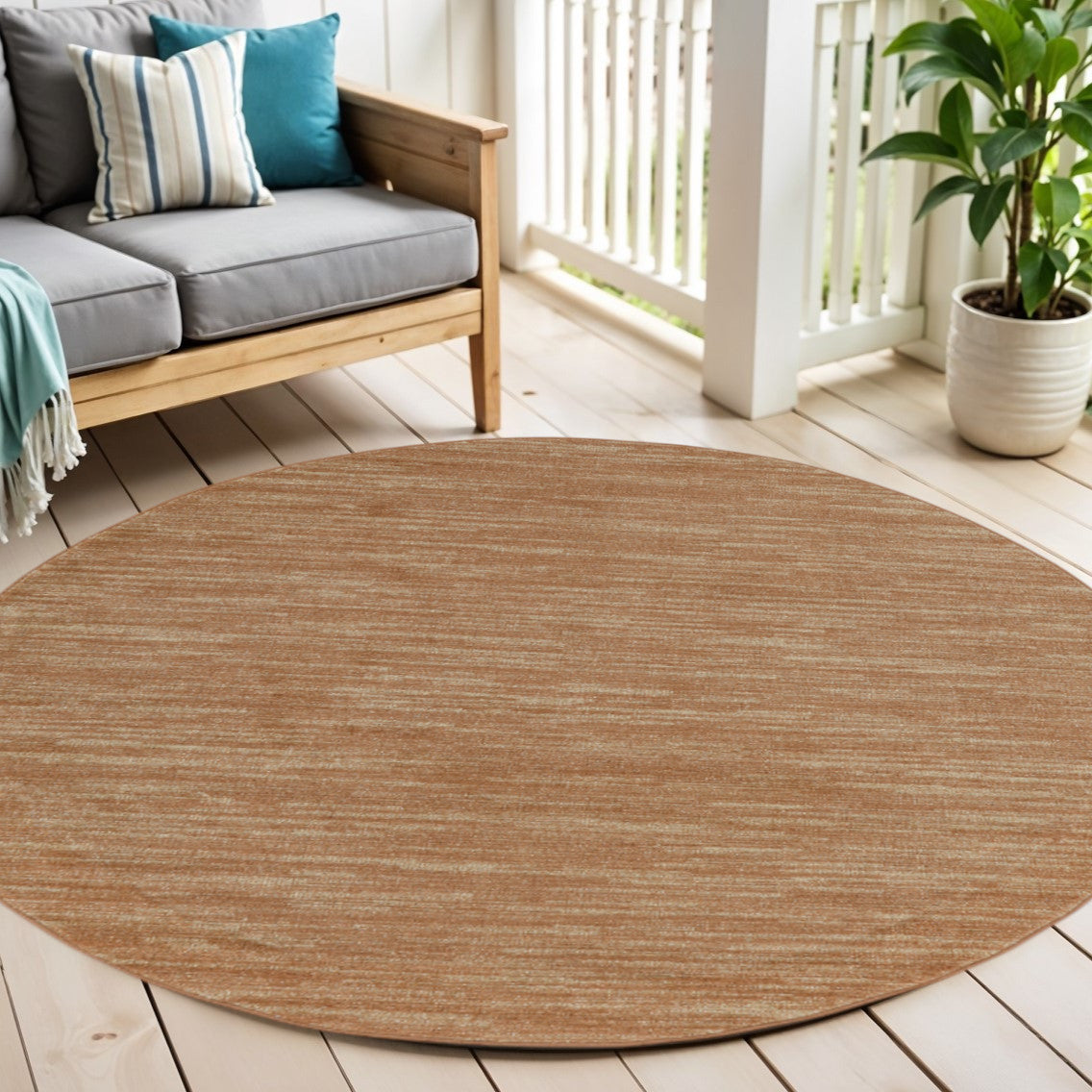 6 Rust And Beige Round Abstract Indoor Outdoor Area Rug