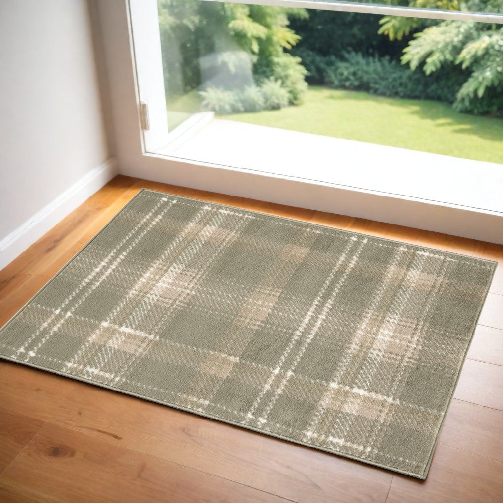 3' X 5' Olive Green and Ivory Plaid Area Rug