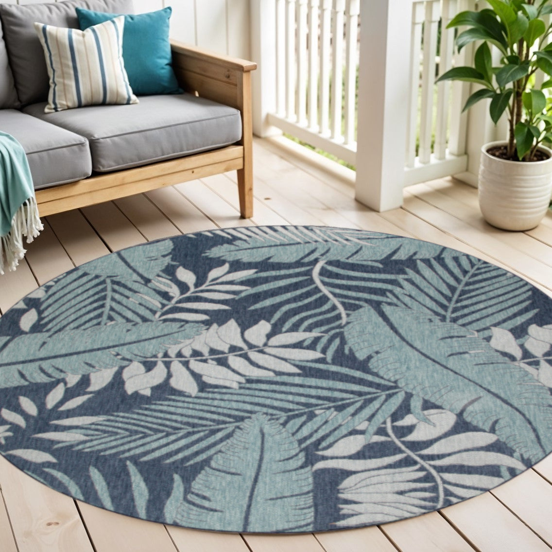 4 Navy Blue Round Floral Indoor Outdoor Area Rug