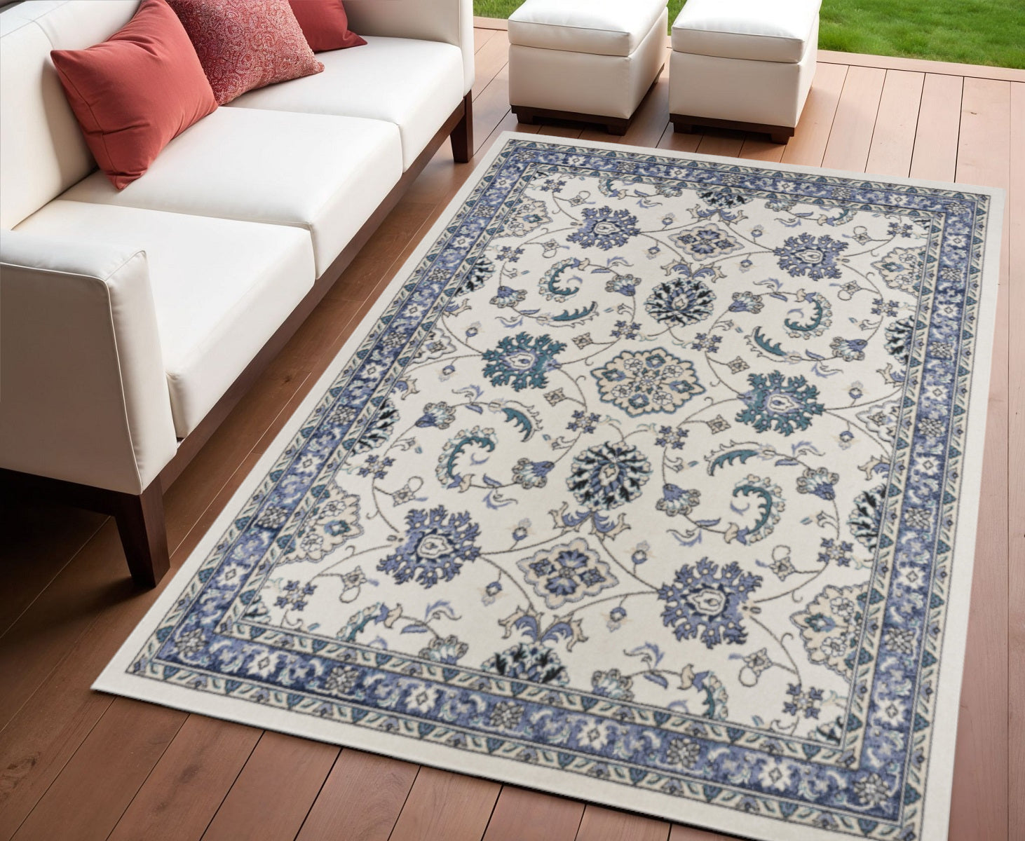4 X 6 Ivory And Blue Floral Indoor Outdoor Area Rug