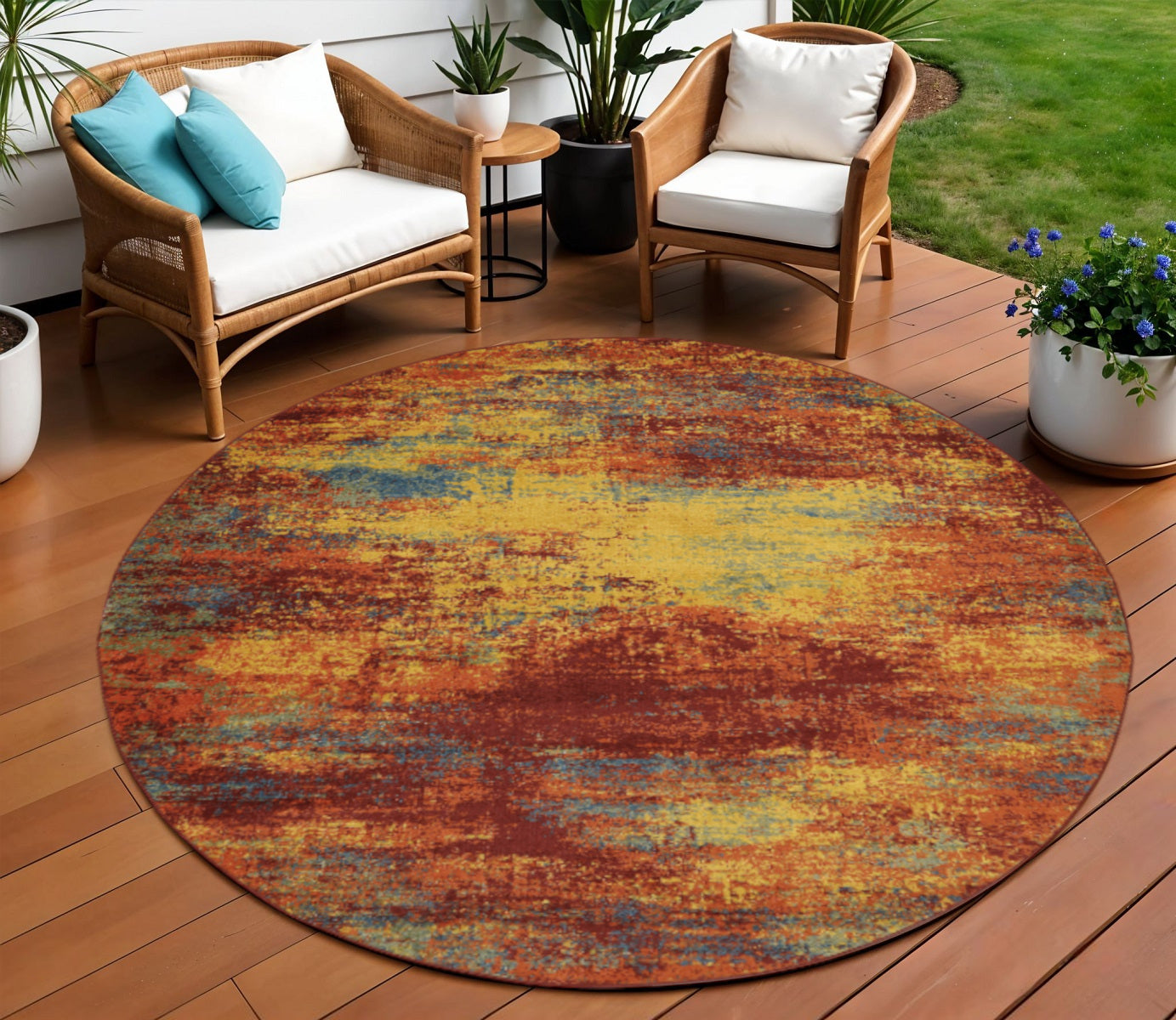 8 Flame Round Abstract Indoor Outdoor Area Rug