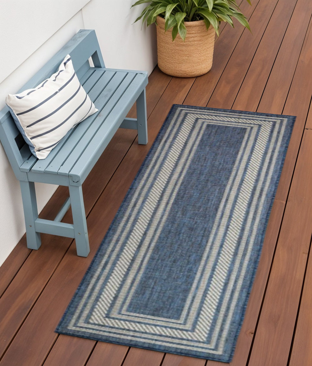 6 Denim Blue And Ivory Geometric Indoor Outdoor Runner Rug
