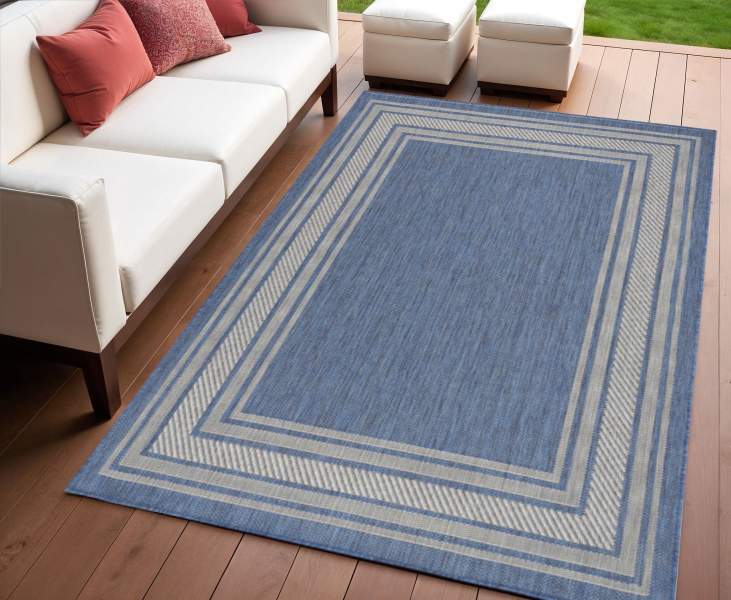 4 X 6 Denim Blue And Ivory Geometric Indoor Outdoor Area Rug