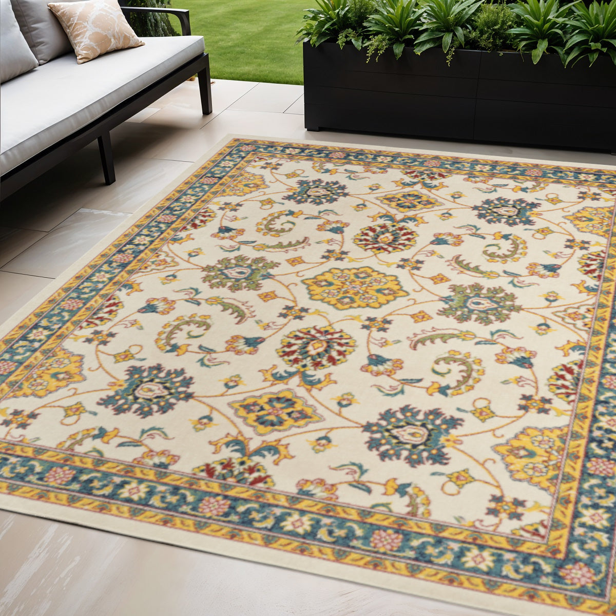 5 X 7 Ivory And Gold Floral Indoor Outdoor Area Rug