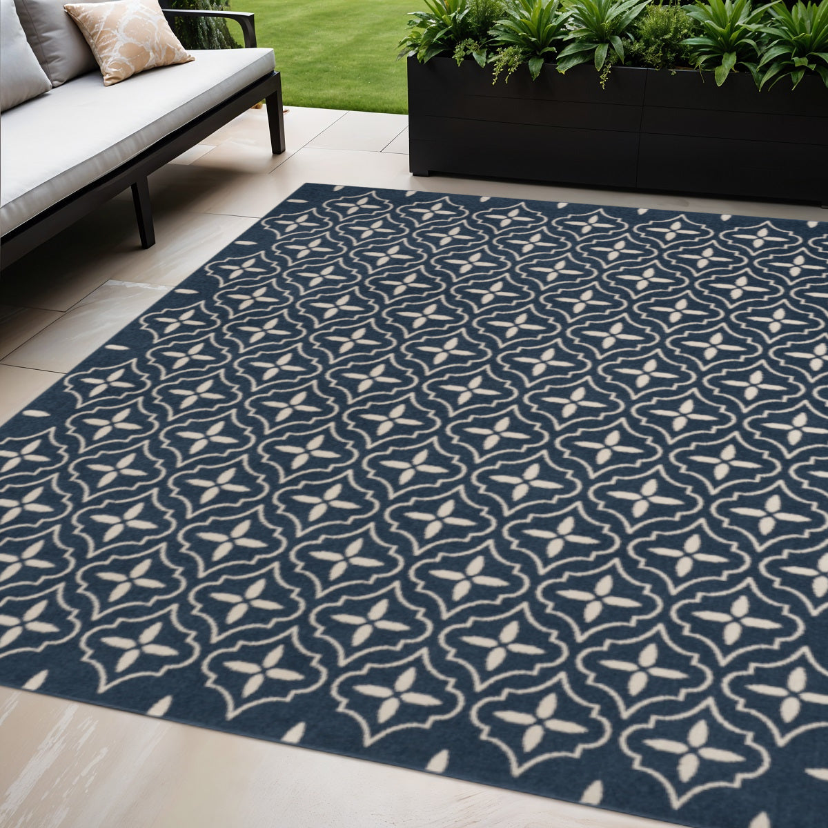 5 X 7 Navy Blue And Ivory Geometric Indoor Outdoor Area Rug