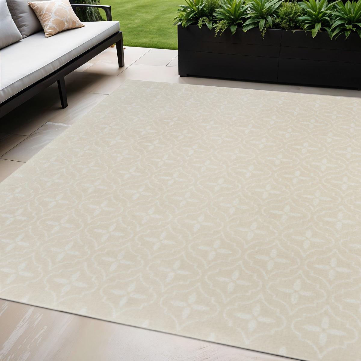 5 X 7 Ivory And Beige Geometric Indoor Outdoor Area Rug