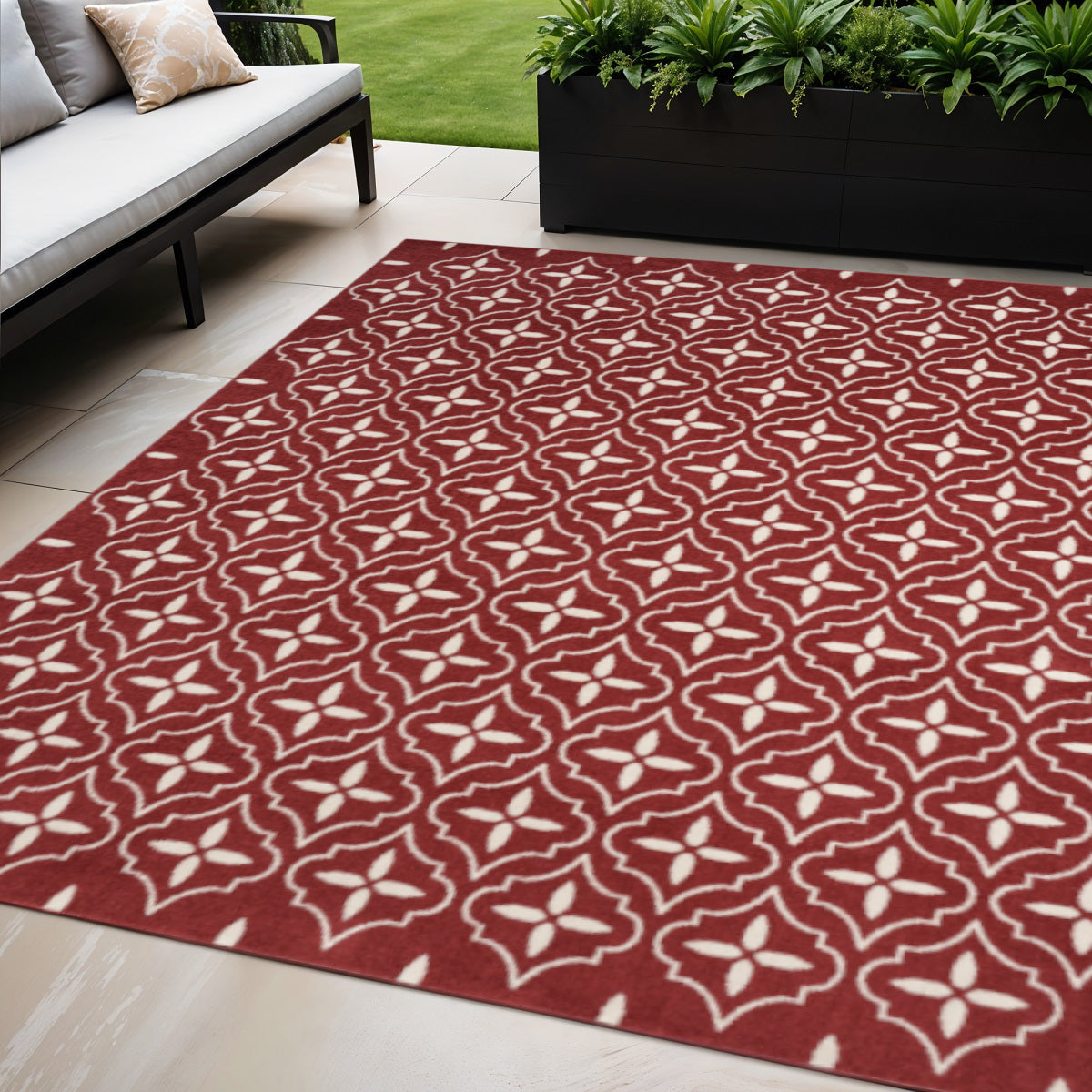 5 X 7 Brick Red And Ivory Geometric Indoor Outdoor Area Rug