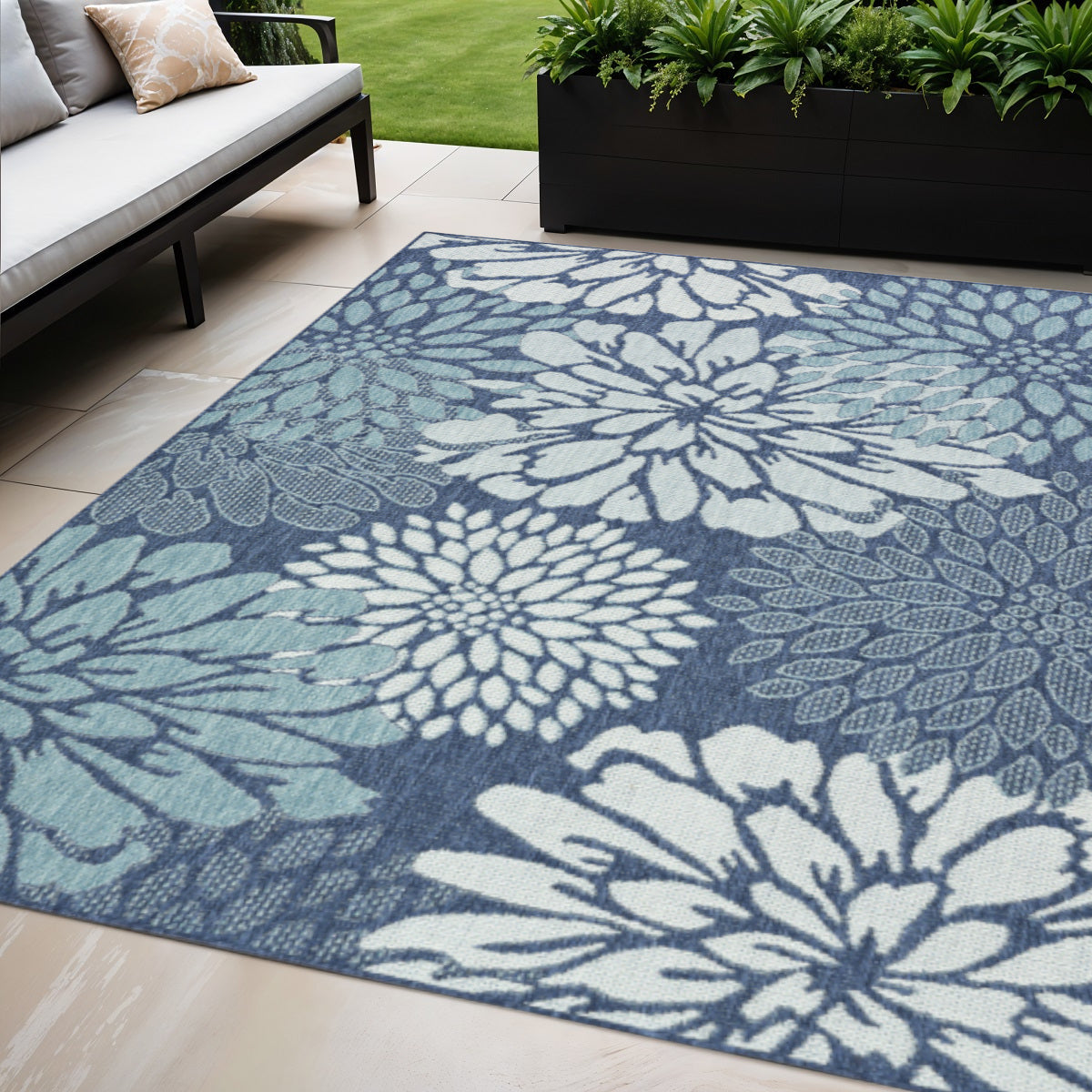 5 X 7 Navy Blue Floral Indoor Outdoor Area Rug