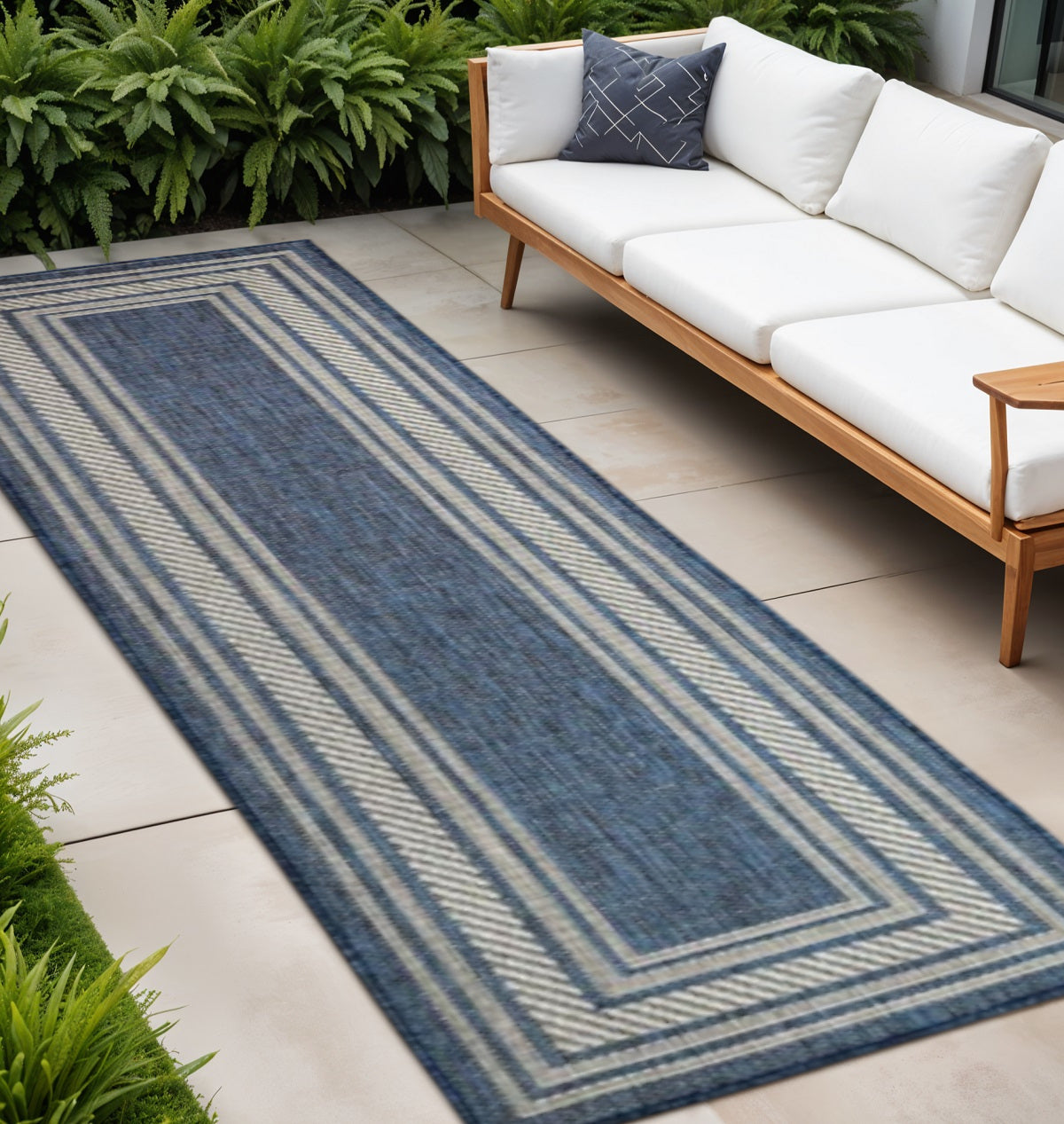 8 Denim Blue And Ivory Geometric Indoor Outdoor Runner Rug