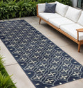 8 Ivory And Navy Blue Geometric Indoor Outdoor Runner Rug
