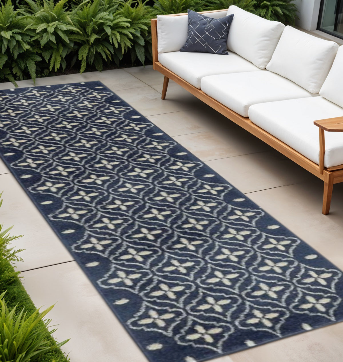 8 Ivory And Navy Blue Geometric Indoor Outdoor Runner Rug