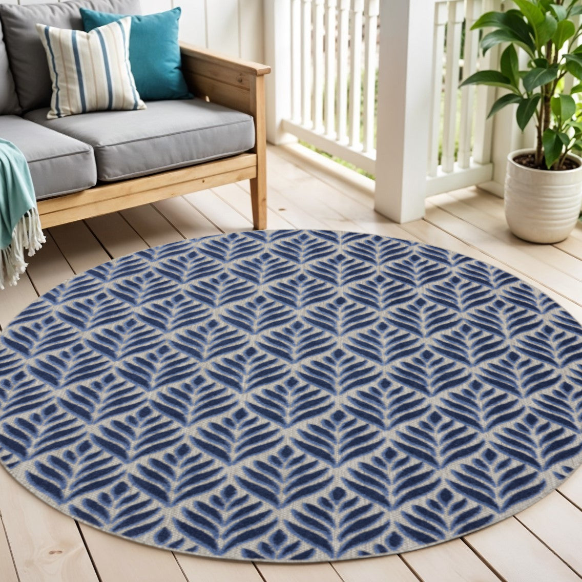 5 Blue Round Floral Indoor Outdoor Area Rug