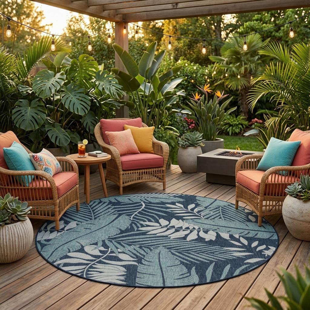 8 Navy Blue And Ivory Round Floral Indoor Outdoor Area Rug