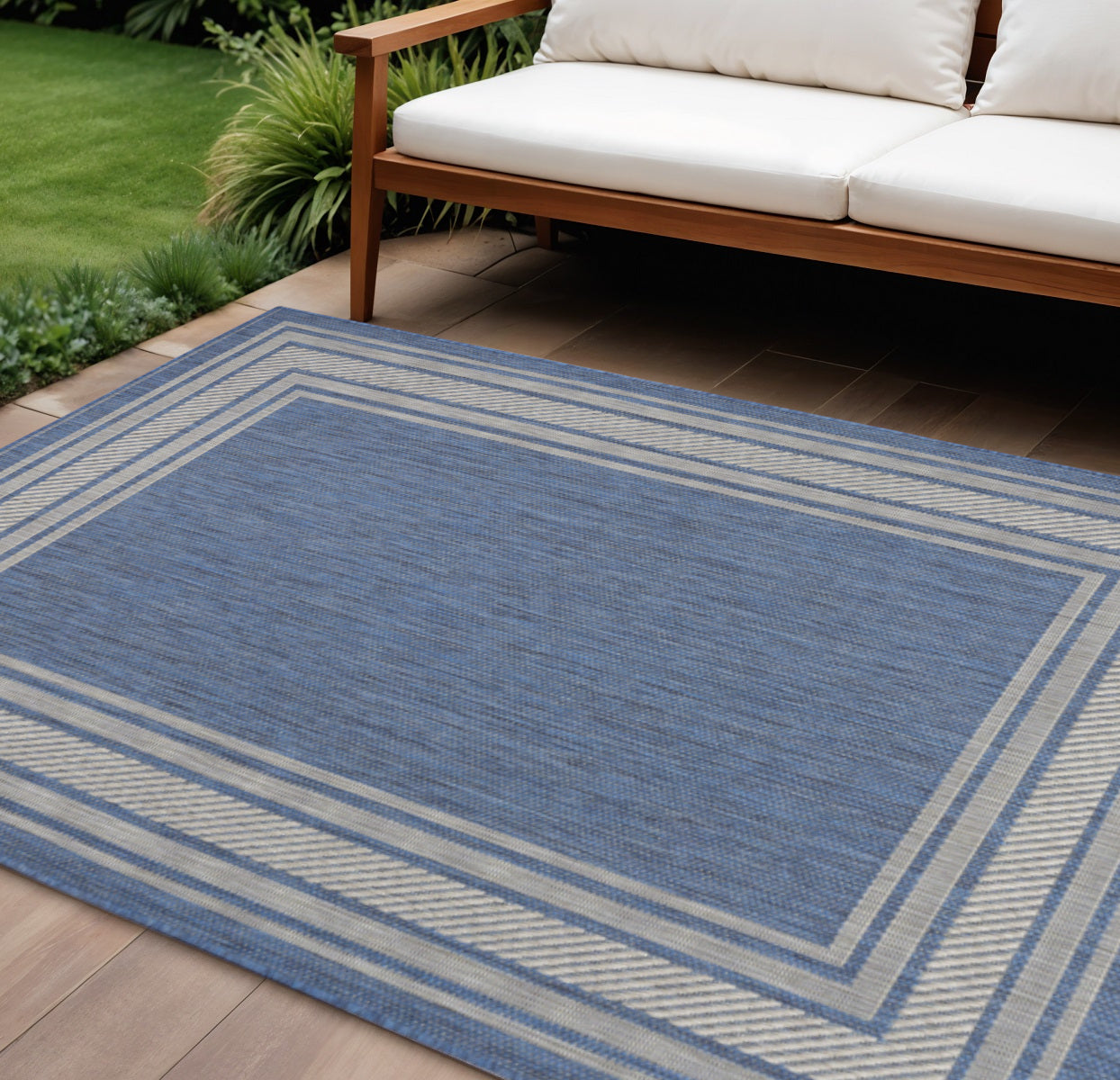 6 X 9 Denim Blue And Ivory Geometric Indoor Outdoor Area Rug