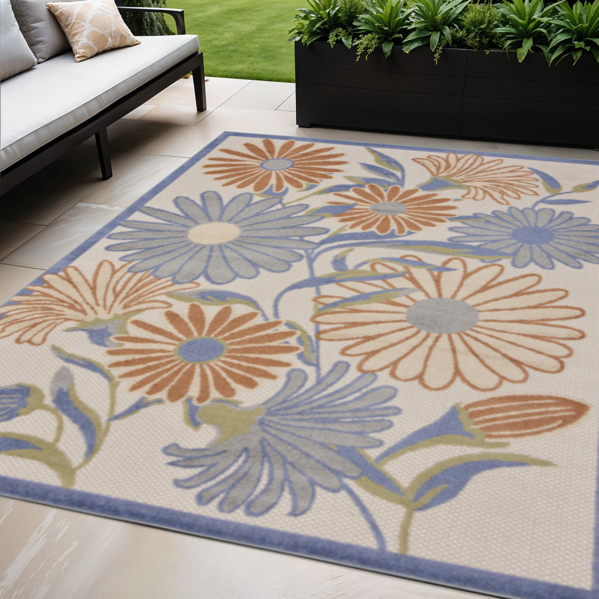 5 X 8 Beige Floral Indoor Outdoor Area Rug