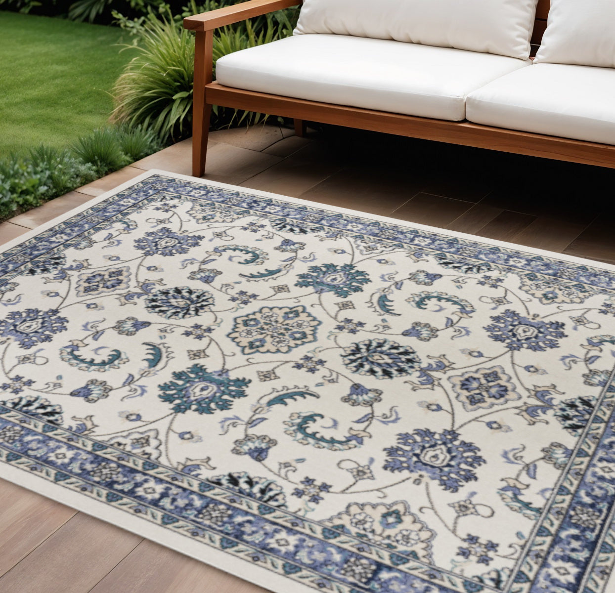 8 X 10 Ivory And Blue Floral Indoor Outdoor Area Rug