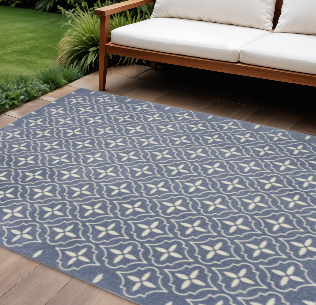 8 X 10 Blue And Ivory Geometric Indoor Outdoor Area Rug