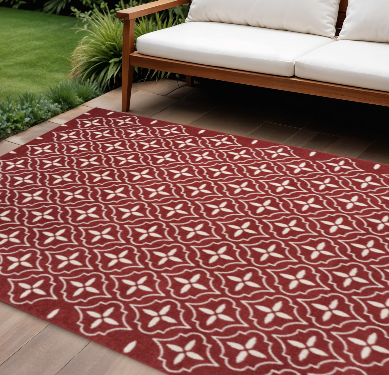 8 X 10 Brick Red And Ivory Geometric Indoor Outdoor Area Rug