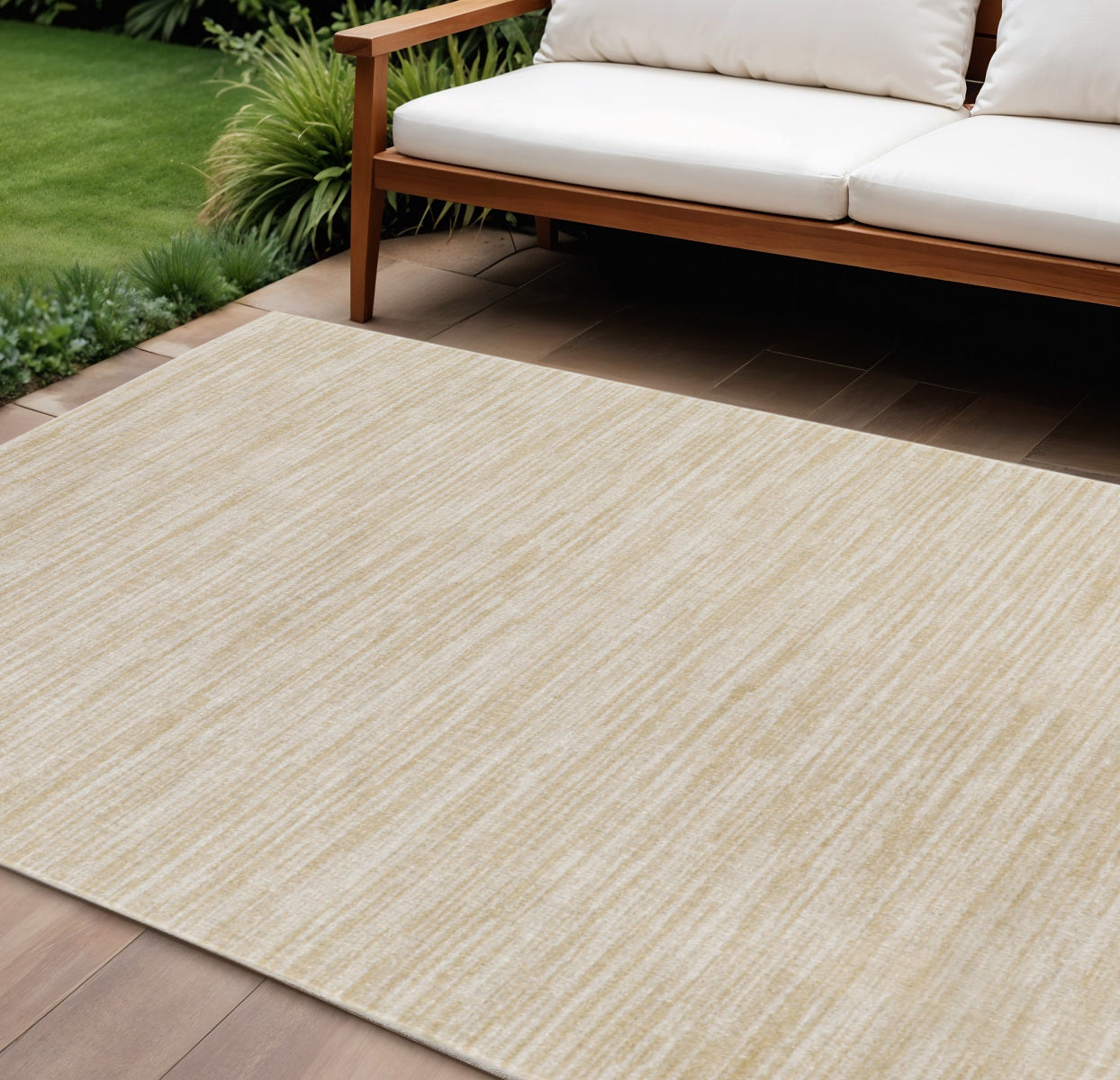 9 X 12 Ivory And Gold Abstract Indoor Outdoor Area Rug