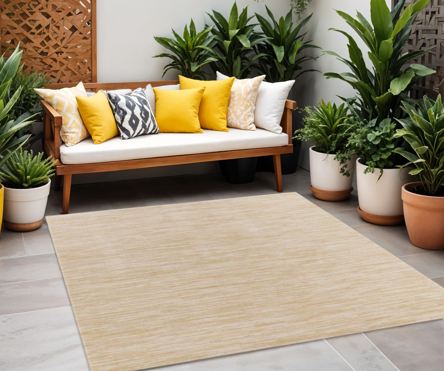 9 Ivory And Gold Square Abstract Indoor Outdoor Area Rug