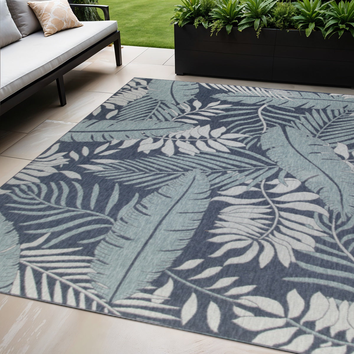 10 X 14 Navy Blue Floral Indoor Outdoor Area Rug