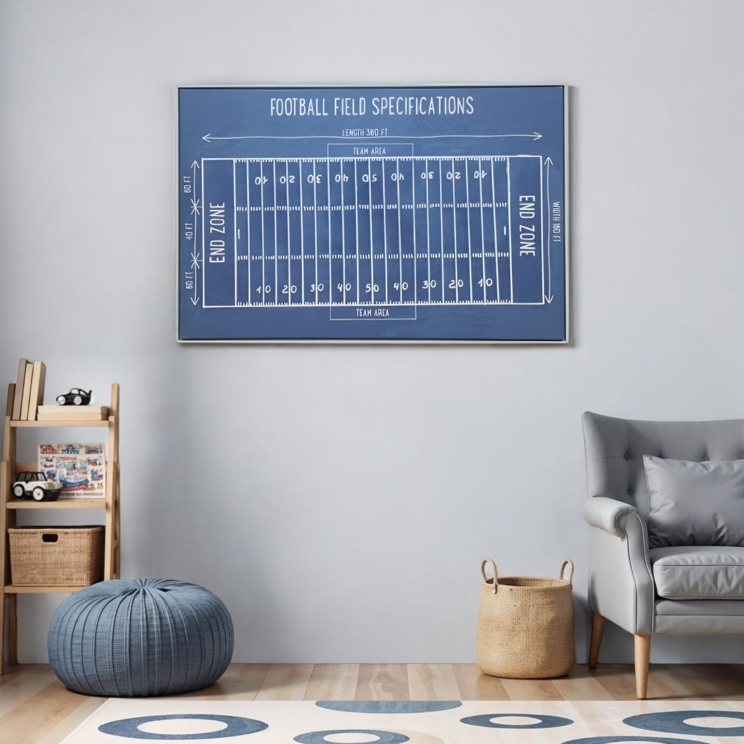 Blue Football Field White Floater Frame Print Wall Art