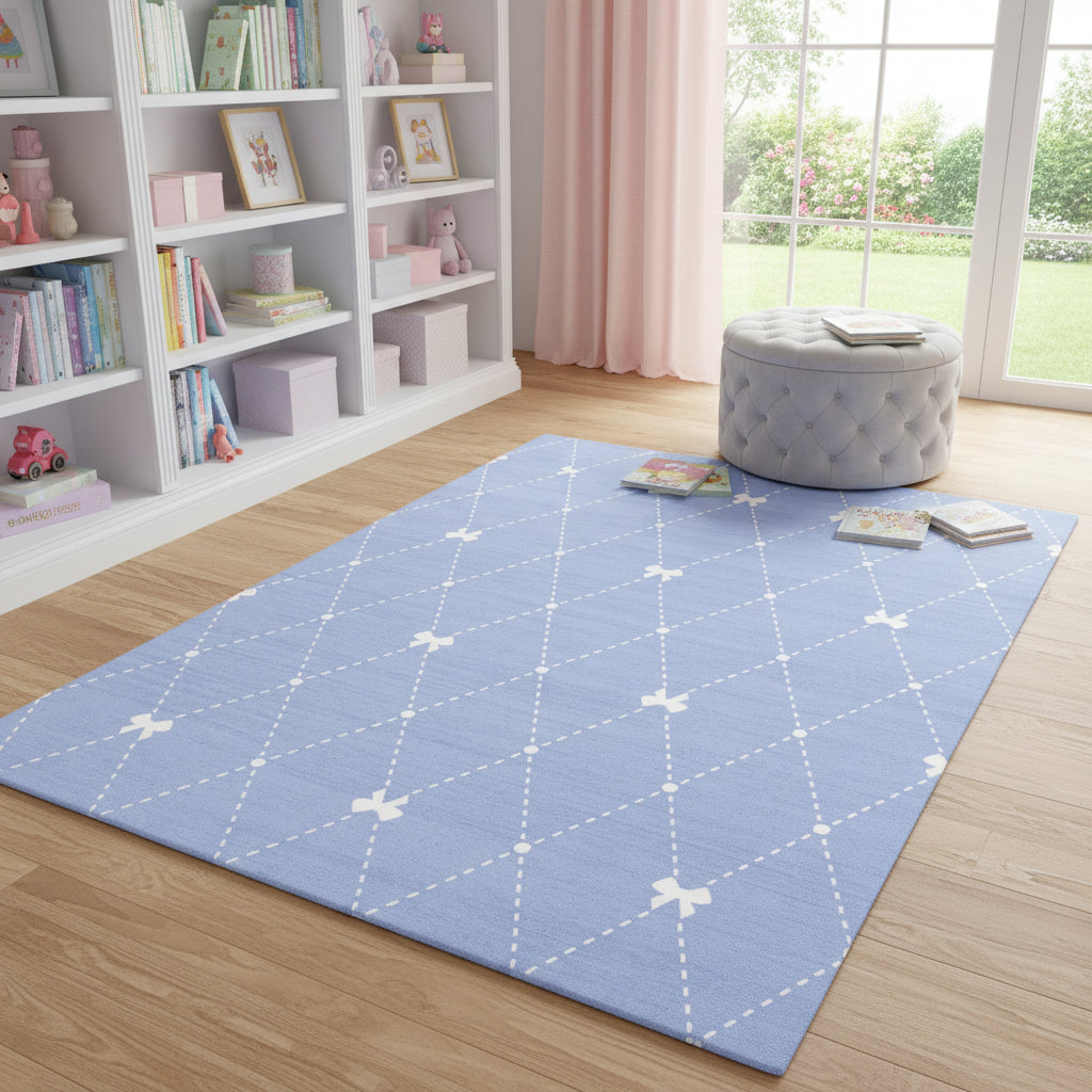 4 X 5 Blue And Ivory Bow Youthful Washable Area Rug