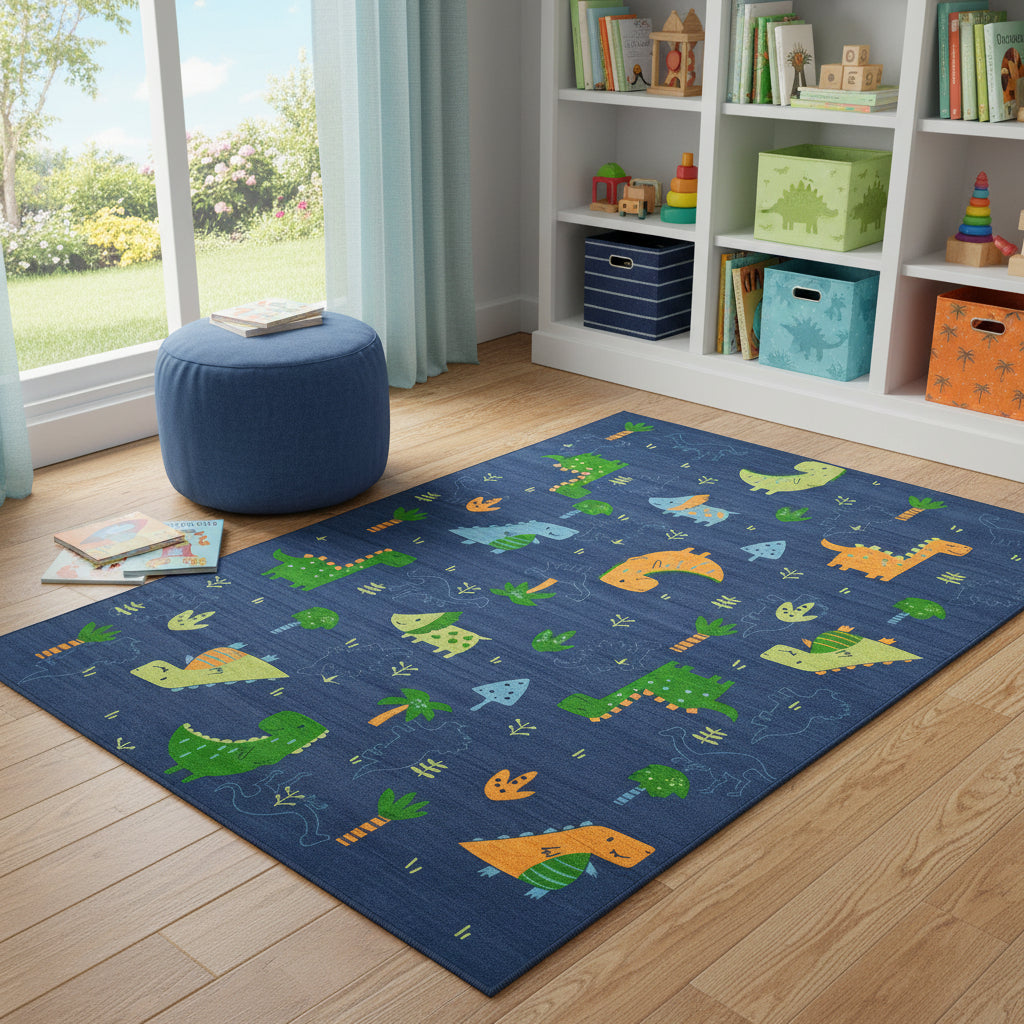 4 X 5 Blue Orange And Green Dinosaurs Youthful Washable Area Rug
