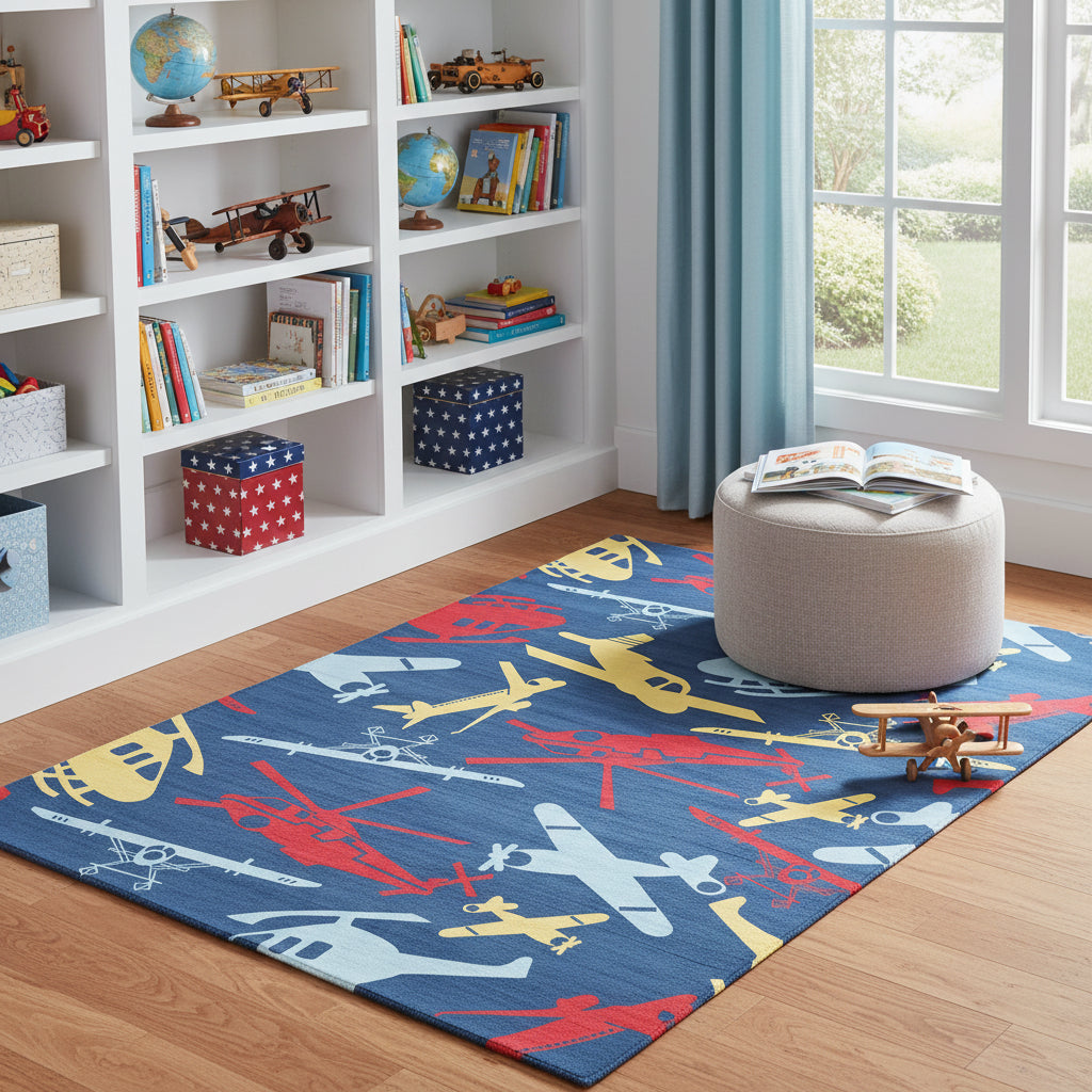4 X 5 Blue Yellow And Red Helicopter Youthful Washable Round Rug