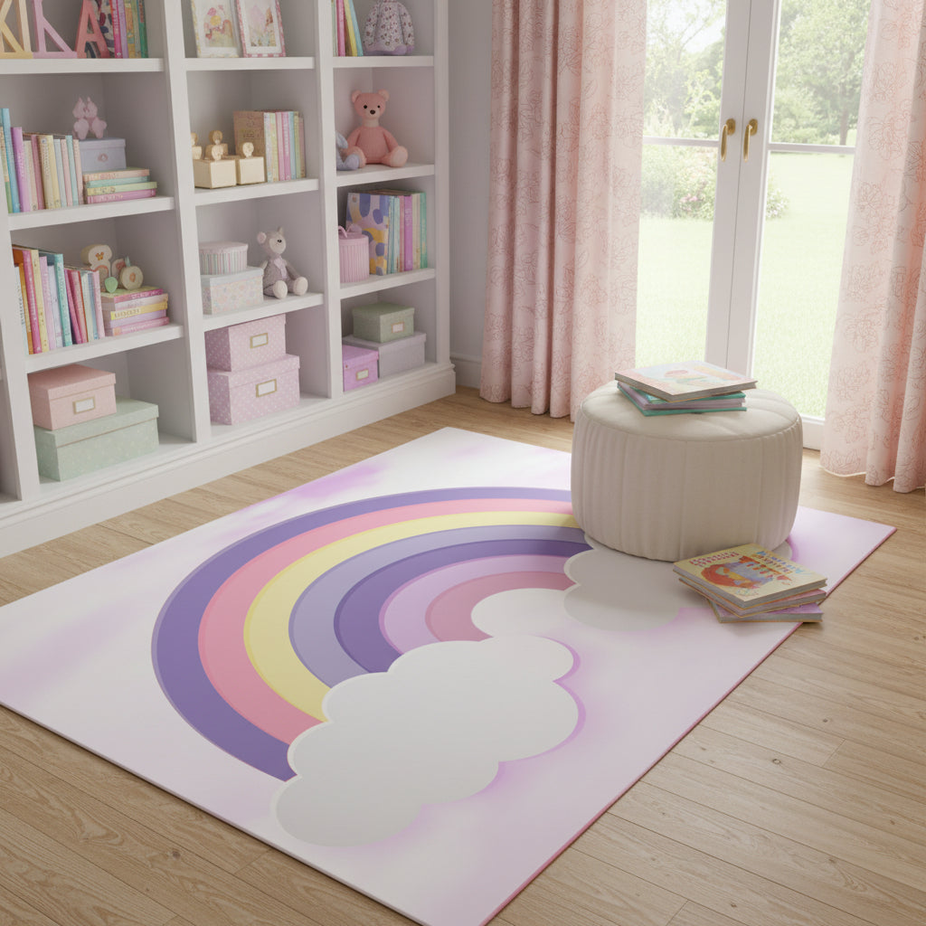 4 X 5 Ivory Pink And Purple Rainbows Youthful Washable Area Rug