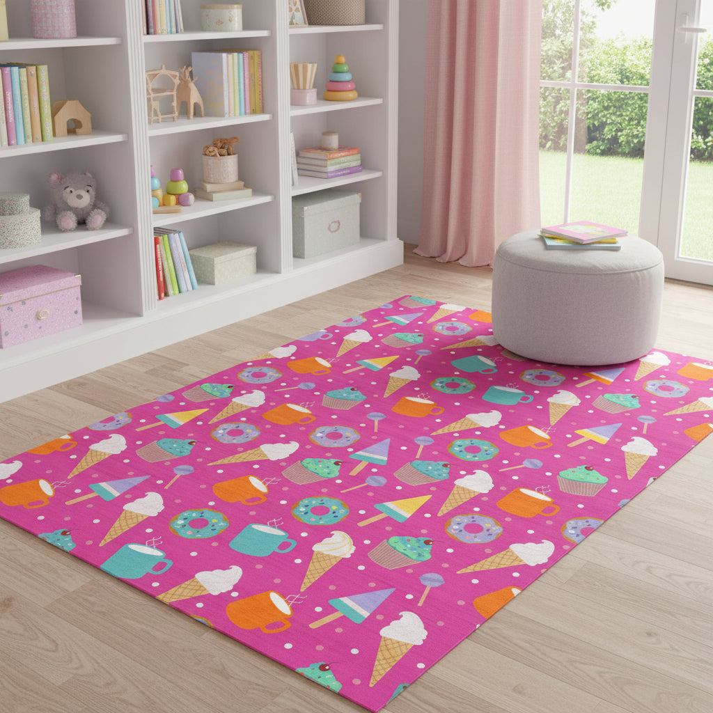 4 X 5 Pink And Blue Ice Cream and Donut Youthful Washable Area Rug