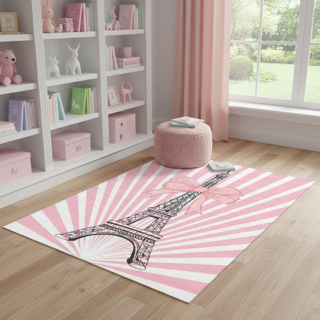 4 X 5 Pink Ivory And Black Eiffel Tower Youthful Washable Area Rug