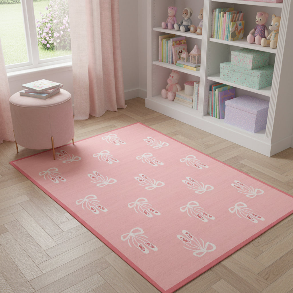 4 X 5 Ivory And Pink Ballet Slipper Youthful Washable Area Rug
