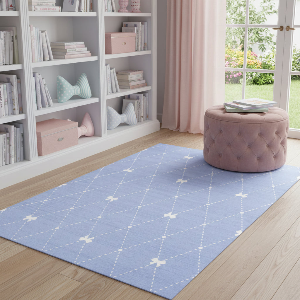 4 X 6 Blue And Ivory Bow Youthful Washable Area Rug