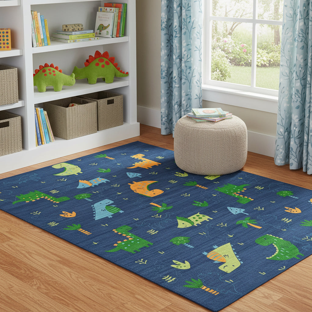 4 X 6 Blue Orange And Green Dinosaurs Youthful Washable Area Rug