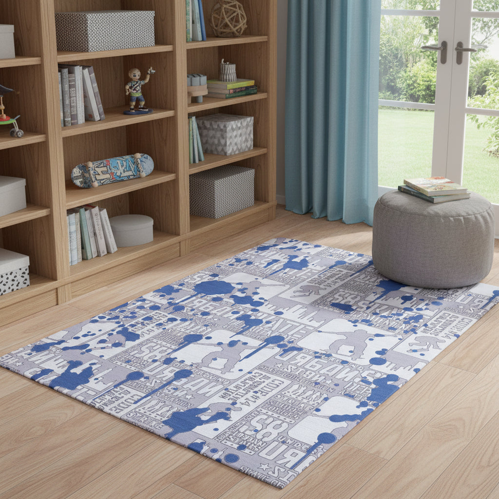 4 X 6 Blue And Gray Skateboard Youthful Washable Area Rug