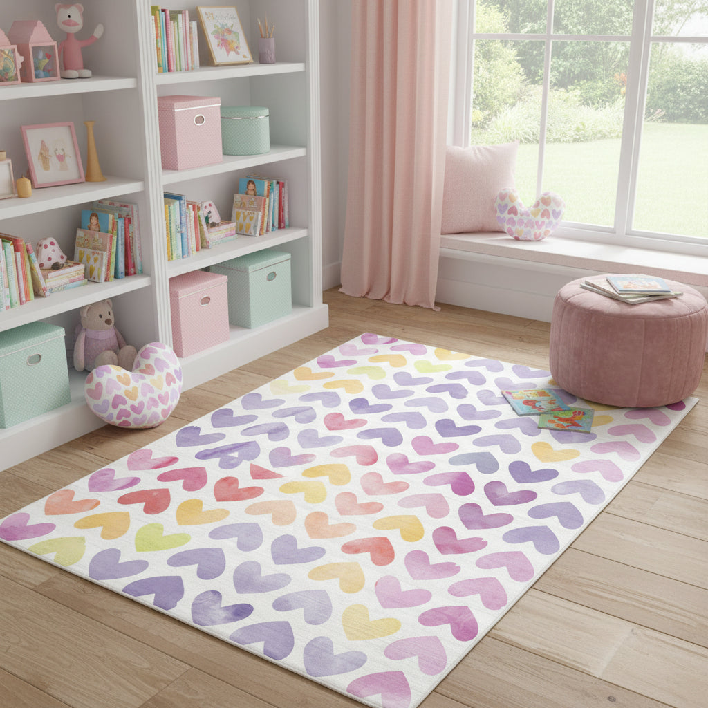 4 X 6 Ivory Pink And Purple Hearts Youthful Washable Area Rug
