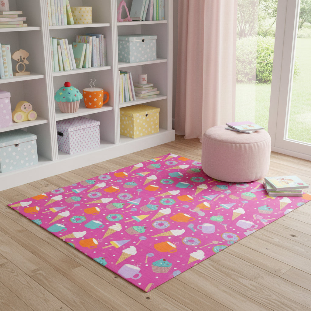 4 X 6 Pink And Blue Ice Cream and Donut Youthful Washable Area Rug