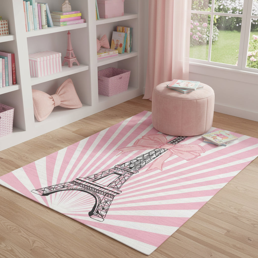 4 X 6 Pink Ivory And Black Eiffel Tower Youthful Washable Area Rug