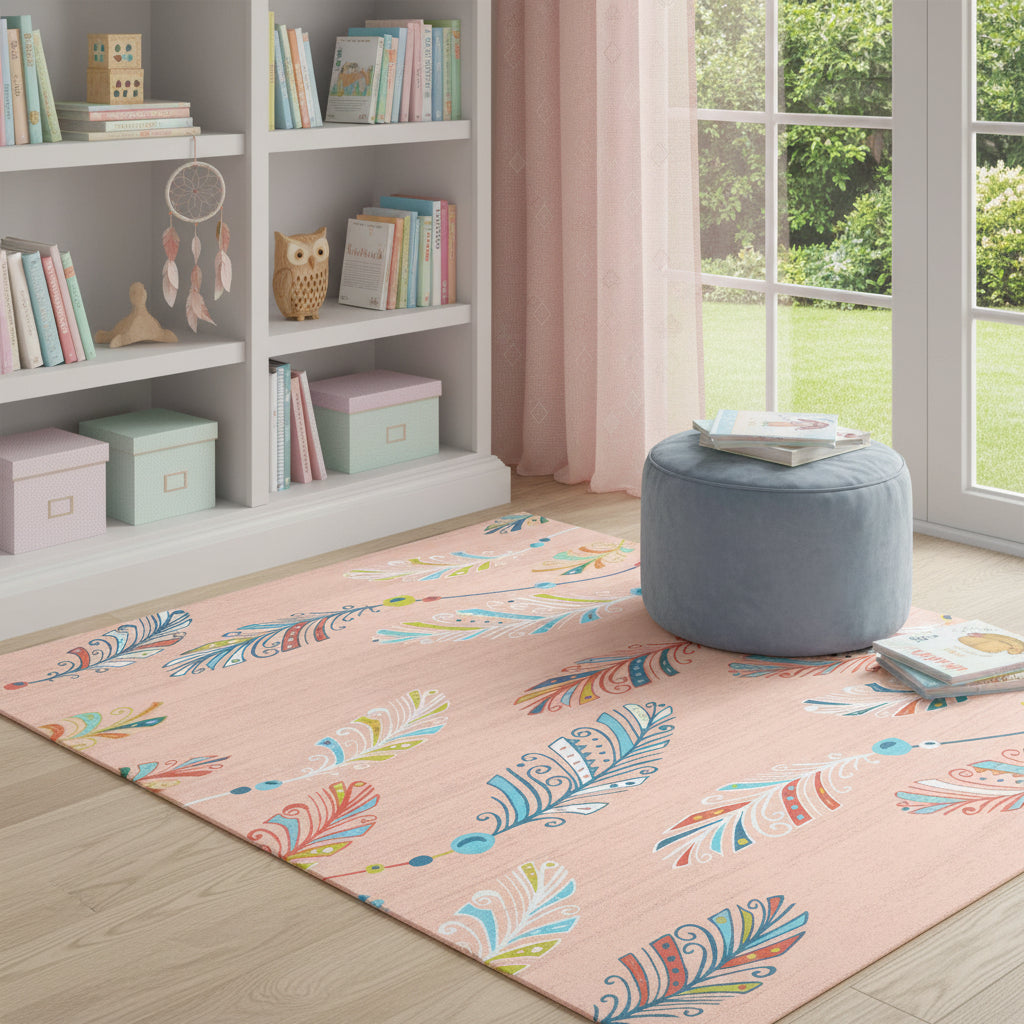 4 X 6 Coral And Aqua Feathers Youthful Washable Area Rug