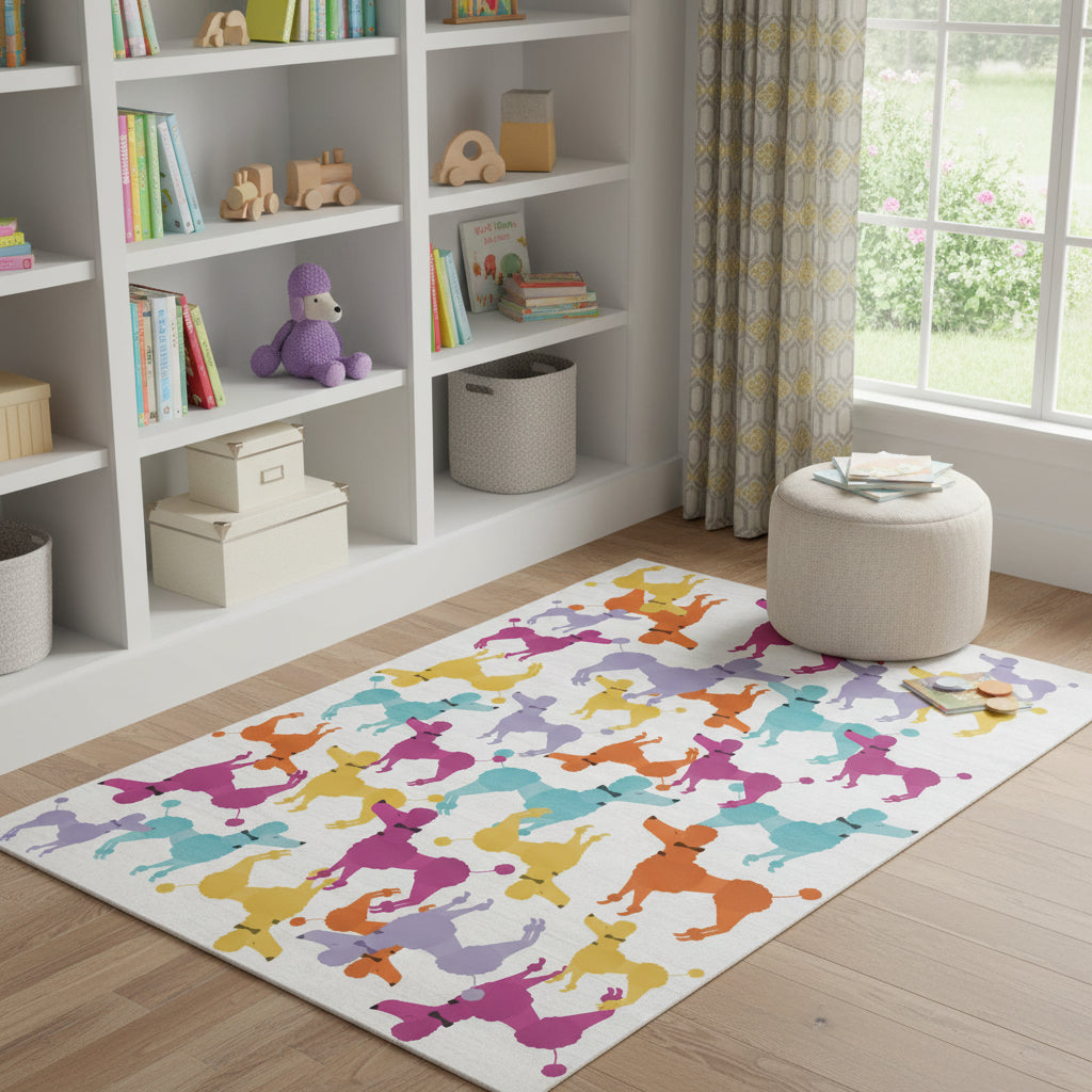 4 X 6 Ivory Blue And Pink Dogs Youthful Washable Area Rug