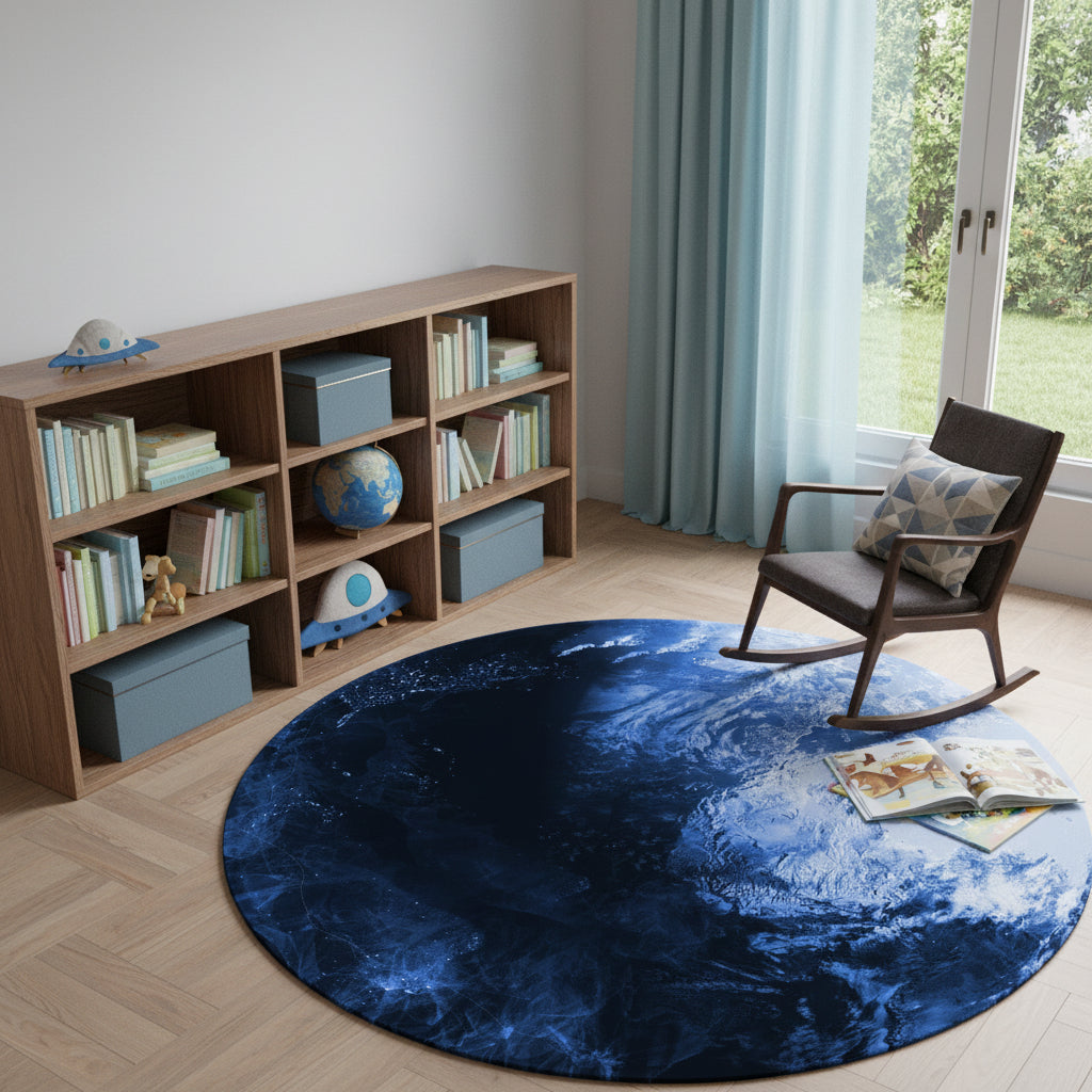 5 Blue And Light Blue Earth Youthful Washable Round Rug
