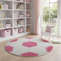 5 Pink And White Soccer Youthful Washable Round Rug